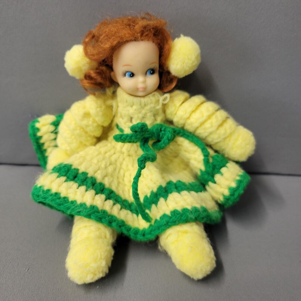 Vintage Handmade Redhead Doll Crochet Dress 9in Plush Limbs Cute Toy Collectible